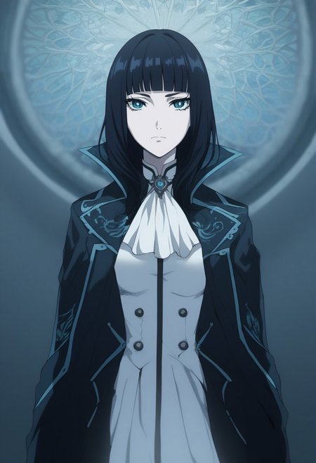 score_9, score_8_up, score_7_up, beautiful color, 
aesthetic, 2d, 
sm_an_stl, source_anime, anime screencap, anime, animification,
close-up shot, view from aside,
solo, 
1girl, 
kuro_utw, black hair, blue eyes, coat, ascot, striped clothes
looking at viewer, closed mouth,
dramatic lighting, ornate,