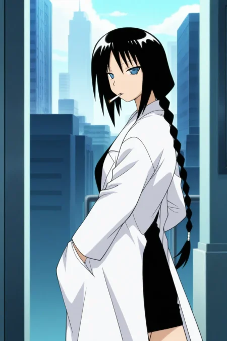 masterpiece, best quality, pugyuru_hokeni_ilxl, 1girl, solo,  <lora:pugyuru_hokeni_ilxl:0.9>, black hair, labcoat, skirt, long hair, braid, cigarette, pencil skirt, single braid, miniskirt, city, anime coloring, anime screencap, (from the left side:1.5), looking at viewer