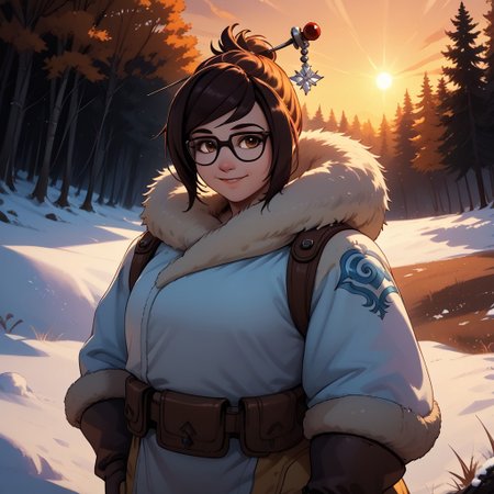 score_9, score_8, BREAK, solo, Mei, glasses, hair ornament, plump, winter coat, fur coat, trimmed coat, footwear, sexy pose, self portrait, smile, outdoors, sunlight, shadows, evening lighting, natural lighting, forest, trees, grass, orange sky, sunset