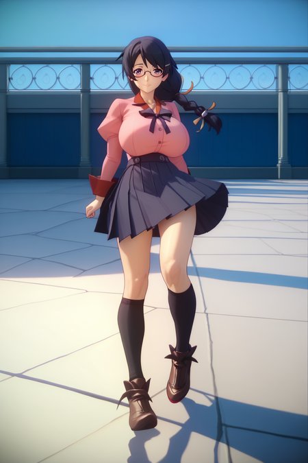 ZZZ_Style,<lora:ZZZ_Style_Pony:1>  <lora:hanekawa tsubasa:1> hanekawa tsubasa, glasses,braid,hair ornament,long hair,black hair,purple eyes,huge breasts,puffy sleeves,skirt,pink shirt,kneehighs, Score_9, Score_8_up, Score_7_up, Score_6_up, Score_5_up, Score_4_up, BREAK,1girl in full growth, best quality, masterpiece, ultra-detailed, high quality,good quality,1 girl,(master piece,high resolution, ultra detailed,8K,16K),look at viewer
