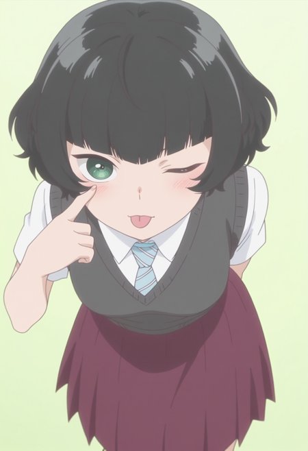 anime screencap, anime coloring,   <lora:DX888Hitoha:1> hongou hitoha, green eyes, black hair,short hair, blunt bangs, BREAK school uniform, white shirt, striped necktie, sweater vest, skirt, socks,  BREAK simple background,  green background, BREAK  1girl, ;p, akanbe, arms behind back,  blush, breasts, cowboy shot,  (eyelid pull:1.3), looking at viewer,  one eye closed, solo, tongue out,  from above, dutch angle, leaning forward,