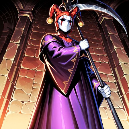 score_9,score_8,score_7,source_furry, (masterpiece, best quality, high quality:1.2), detailed hands,character focus, detailed skins, body blush, cinematic shadow, character focus, ultra detailed background, <solo:1.5>, <1boy:1.5>, (anime:3.5), (official:3.5), (dynamic standing:1.8),
chariotsaga, 1boy, solo, male focus, upper body, from below,
jester, red headwear, looking at viewer, white skin, jester cap, pom pom (clothes), (faceless mask:1.2), facepaint, hat, robe, purple robe, torn robes, long sleeves, wide sleeves, holding, scythe, weapon, holding scythe, holding weapon,  
ancient ruin background, indoor, dark orange stone wide rooms, torch wall, darkness, sand, desert,