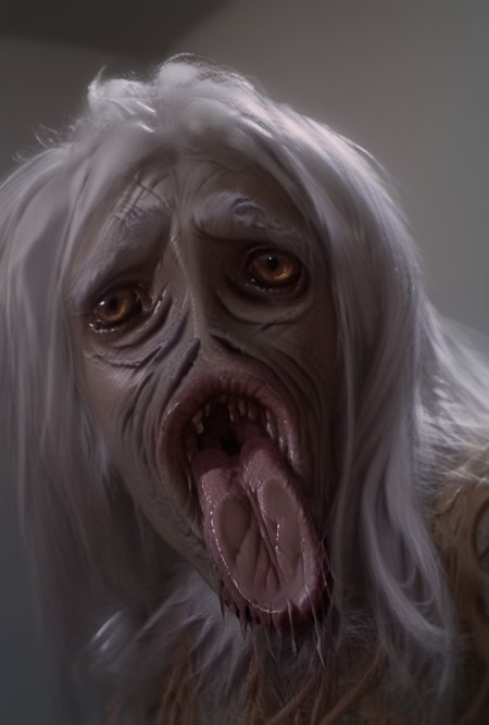 <lora:POV_Screen_licking:1> <lora:SaltVampire:0.75> screenlick, close-up, pov, tongue, licking, tongue on glass, monster, no humans, long hair, white hair, brown eyes, wrinkled skin, teeth, open mouth BREAK score_9, score_8_up, score_7_up, score_6_up, score_5_up, score_4_up
