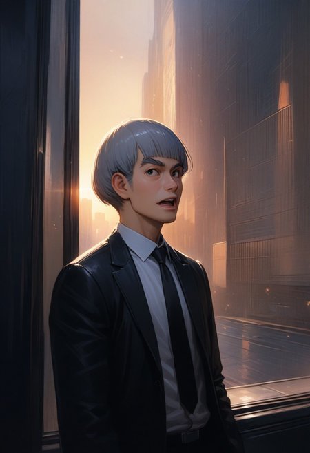 man with bristle, (graphic novel style, dark novel style:1.5),(anime), (masterpiece:1.4), (soft cinematic light:1.1), incredibly lifelike, Extremely high-resolution details, 8k, best quality,extremely detailed, contrast,
high tech design, fullbody, 
 gallery of contemporary art, inside, portrait old woman against the backdrop of a giant floor-to-ceiling window, through which one can see a city landscape with skyscrapers and a sunset , open mouth, 
man in a classic black suit 
white shirt and black tie keeps his hand on his jacket, black loafers, (((gray short bob hair))), round glasses, round black eyes, thin lips, sharp chin, diamond long face, gray sideburns, small ears, thick gray eyebrows, sunken cheeks, (bristle)),