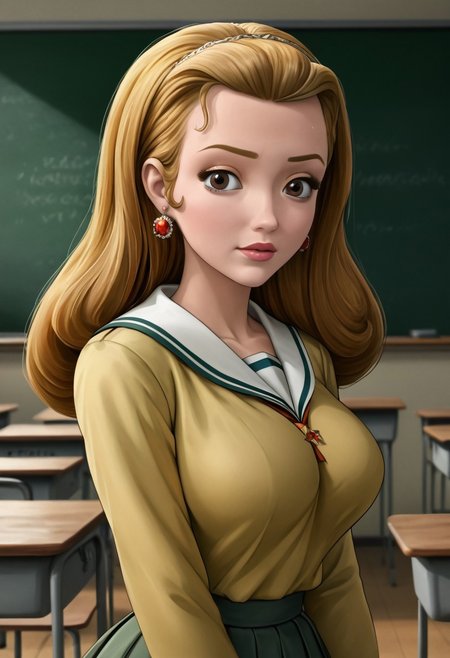 18 years old,large breast,soviet school uniform, at classroom,high quality, 8k,best quality, HD, sexy pose, 1girl, long hair, blonde hair, hair slicked back, red earrings, brown eyes, long sleeves,Princess_Amber,brown eyes