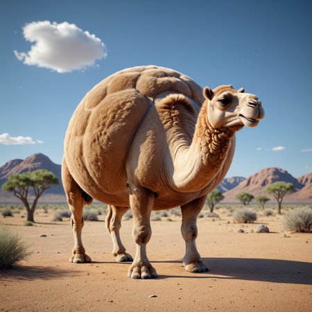3D render of a sphrml spherical fat round camel in the outback<lora:spherimal:1>