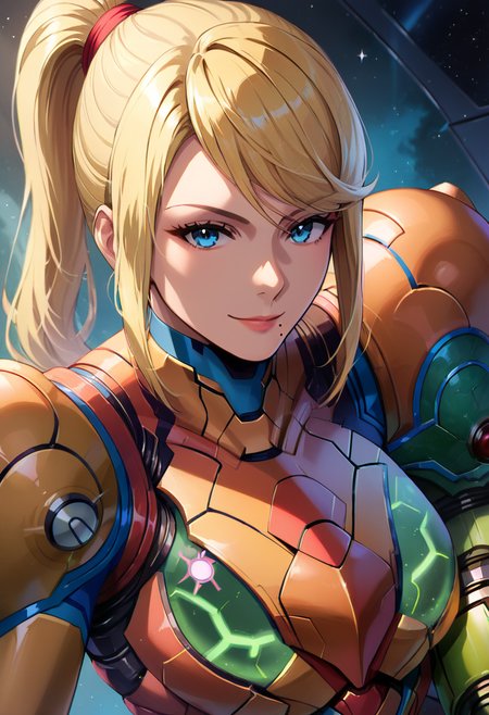 masterpiece,best quality, highly detailed, score_9, score_8_up, score_7_up, score_6_up,<lora:xl_more_art-full_v1:0.8>,source_Anime
BREAK
<lora:samus:0.8>samus,1girl, weapon, samus aran, power suit (metroid), blonde hair, arm cannon, blue eyes, ponytail, solo, power suit, looking at viewer, armor, long hair, mole, mole under mouth, power armor, gun, bangs, sidelocks, smile