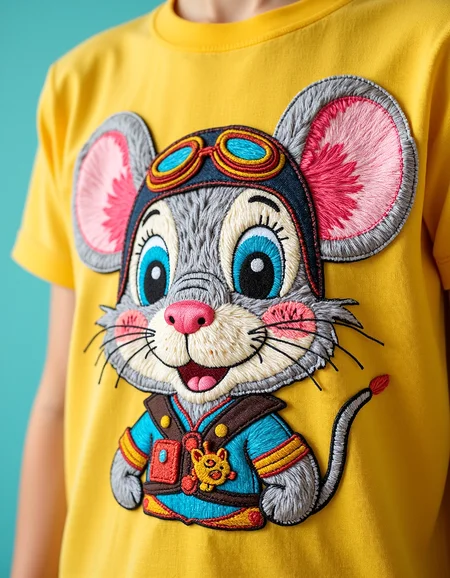 aplqueCE_style. a t-shirt with a colorful applique of a cute mouse pilot wearing aviator goggles.