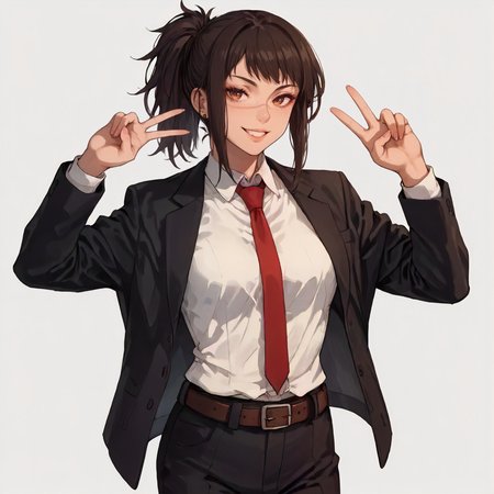 solo, simple background.    <lora:Character CSM Michiko Tendo v2:1> csmt3ndo, 1girl, suit, jacket, pants, belt, necktie, peace sign, score_9, score_8_up, score_7_up, score_6_up, score_5_up, score_4_up, masterpiece, detailxl. BREAK