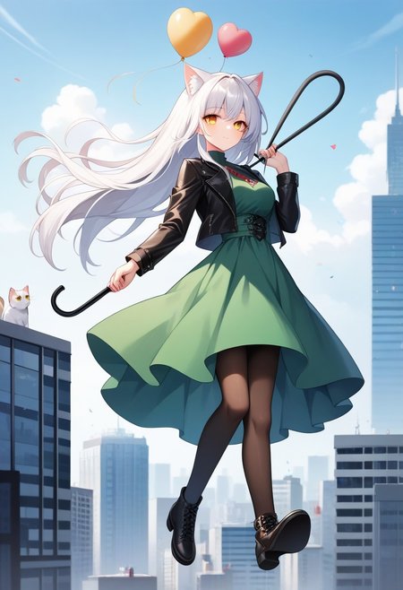 (masterpiece), (score_9, score_8_up, score_7_up,source_anime), best quality, ultra-detailed,24K, illustration, (Uncorrected), CG, 
Latex, girl and cat, (holding umbrella:1.2), animal cat, cat focus,  
Multiple balloons, huge balloon, (heart-shaped ballons:1.2). 
(Girl, floating, white hair, ultra-long hair, amber eyes, ultra-detailed eyes:1.2), green dress, jacket, pantyhose, leather shoes, 
in Rooftop of Skyscraper, modern city, Skyscraper,