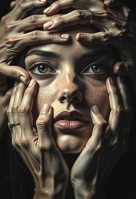An ultra close-up portrait of a woman’s face, filling the entire frame, leaving no visible background. Her expression is unreadable, partially hidden beneath a mass of hands—a mixture of tiny, delicate fingers of infants, smooth hands of youth, and wrinkled, veined hands of the elderly. The hands are not her own; they belong to many others, pressing gently yet firmly over her features, partially covering her eyes, mouth, and cheeks. Some hands grasp her jawline, others stretch over her forehead, their fingertips resting just above her lips, as if silencing her. The variation in skin textures is striking—soft, unblemished baby hands contrast against aged, gnarled fingers with deep lines and prominent veins. Though her eyes are partially covered, faint glimpses of them peek through the gaps, revealing an intense gaze filled with an emotion that remains just out of reach. Shadows from the overlapping fingers create a layered depth, making her face feel both hidden and revealed at the same time. The lighting is moody and dramatic, with high contrast between the illuminated skin of the hands and the deep shadows cast across her face. The lack of a background isolates her, making the tangled, intricate weave of fingers the singular focus. The contrast between the lifelike textures of the hands and her obscured, expressionless face creates a haunting, surreal narrative—one of silence, control, protection, or something unknown.