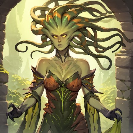 <lora:Vraska_Magic_the_Gathering:1> vraska, solo, 1girl, colored skin, monster girl, yellow eyes, green skin, glowing, plantdress, breasts, snake hair  <lora:RD-MAnon-XLV1.1:1> female, source_anime, score_9_up,  score_7_up, score_8_up