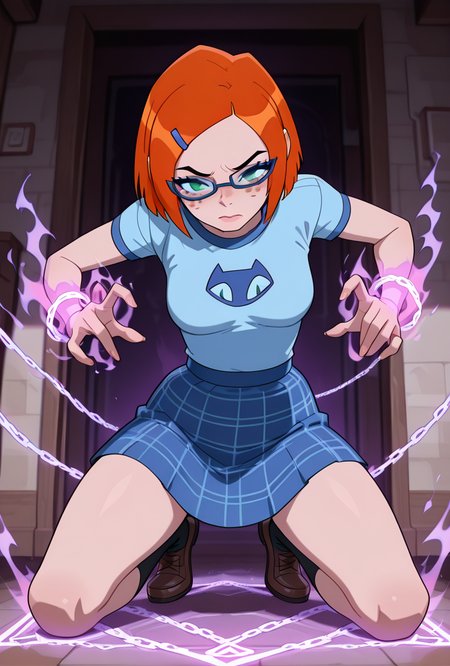 <lora:gwennerd-10:1> gwennerd, 1girl, solo, medium breasts, glasses, orange hair, short hair, hairclip, blue-framed eyewear, blue shirt, short sleeves, freckles, blue skirt, plaid skirt, green eyes,  <lora:hold_person-_magic_:1> Hold_person, aura form body , square magic, chain, magic chain, crouching, masterpiece, best quality, amazing quality, very aesthetic, absurdres, newest,