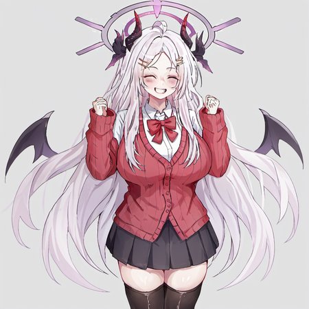 1girl, hina (blue archive), huge breast, ^_^, ahoge, alternate costume, black cardigan, black horns, black skirt, black thighhighs, blush, bow, bowtie, cardigan, closed eyes, collared shirt, cowboy shot, demon horns, facing viewer, grey background, grin, hair ornament, hairclip, halo, hands up, happy, horns, long hair, long sleeves, multiple horns, parted bangs, pleated skirt, red bow, red bowtie, school uniform, shirt, skirt, sleeves past wrists, smile, solo, thighhighs, thighs, very long hair, wavy hair, white hair, white shirt, wings, zettai ryouiki,