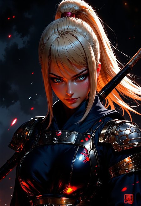 Masterpiece. A close-up digital artwork in mythp0rt anime style featuring a lone female ninja samusaran her long blonde flowing ponytail hair floats behind her. She stands in a fierce combat stance, holding a spear on her shoulder. The spear glow in a dim red light. Her blue eyes lock onto the viewer with an unwavering, piercing gaze and a confident smile.
The dark and moody background adds a dramatic tone, with subtle lighting highlighting metallic surfaces. A cosmic aura surrounds her, as if she’s standing on the edge of a galaxy.  High-res, semi realistic, best quality, intricate details, ultra details, good lighting, vibrant colors, very detailed, octane render, ray tracing. mythp0rt