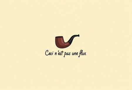 hawkbill pipe against a plain beige background, underneath the pipe in cursive script  "Ceci n'est pas une flux"