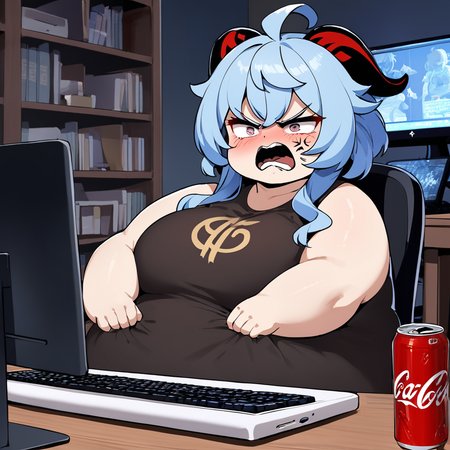 masterpiece, best quality, <lora:inori-meme_last:1.7>,1girl, ganyu \(genshin impact\), fat,fat girl,very fat,food,coca-cola,