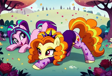 by scorpdk, scorpdk, score_9, score_8_up, score_7_up, score_6_up, score_5_up, score_4_up, source_furry, source_pony, rating_safe, pony,  equestria girls,  female, 
friendly, happy, friendship,
2 girl, duo, top down shot, 
pony_adagio_dazzle_mlp
confetti,
park background, 
hugging each other,   mlp pony art,   pony_aria_blaze_mlp,  MLP. 
HazbinStyle, cartoon character, Horror Picture Show style