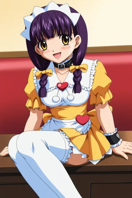 score_9, best, masterpiece, uncensored,
1girl, solo, smile, yellow clothing, yellow eyes, yellow hair ribbon, dark purple hair, black hair,
(ApprenticeFujiwaraMahiru:1.2), maid headdress, puffy short sleeves, waitress, pom pom (clothes), hair ribbon, frilled cuffs, frilled puffy short sleeves, frilled sailor collar with hearth brooch, sash with back ribbon, pleated miniskirt with white frills, (white ankle boots with pink heart:1.2), frilled white thighhighs, white frilled waist apron, black belt collar with white frills,
<lora:FamiresSenshiPuddinApprenticeFujiwaraMahiru_V3:0.8> <lora:FamiresSenshiPuddingOVAStyle_4Rx10E:0.8>​​​