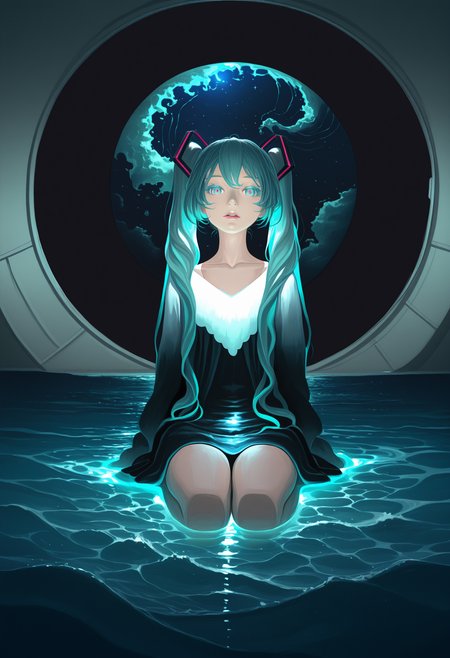 painterly, hatsune miku, artist:[caravaggio|adam de coster|yoneyama mai|cursedweeboo|daodtt|diao \(nrays\)|ravine bells|fkey],
1girl, solo, looking at viewer, colored eyelashes, long eyelashes, makeup, aqua eyes, multicolored eyes, multicolored hair, ocean, water, caustics, waves, full body, sitting, barefoot, seiza, parted lips, collarbone, bioluminescence, night sky, dark, deep glow, partially submerged, space station, circle, window, space, rotational symmetry,
newest, impasto, brushstroke, impressionism, chiaroscuro, oil painting \(medium\), newest, absurdres, masterpiece, very aesthetic