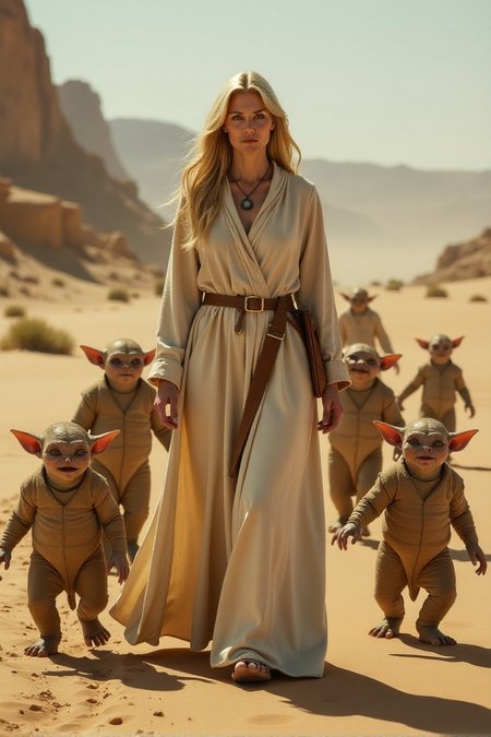 beautiful blonde mother in her 40s wearing a long flowing robe, she shepards a dozen baby monsters through a dystopian desert landscapeâââ