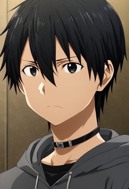 high resolution, solo, best quality, 1Boy, Kazuto Kirigaya, Black Hair, Black Eyes, bangs, necklace, choker, hair between eyes, Hoodie, OverallDetail