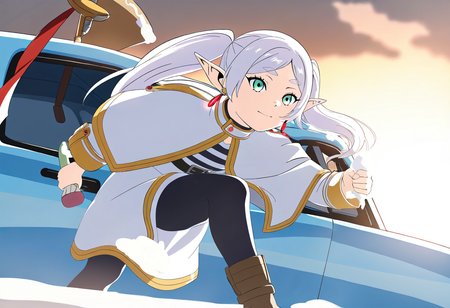 solo,masterpiece, best quality, very aesthetic,  modern, modern anime, sousou_no_frieren, frieren, 1girl, brown_footwear, capelet, earrings, elf, green_eyes, hair_over_shoulder, jewelry, long_hair,pantyhose, parted_bangs, pointy_ears, shirt, striped_clothes, striped_shirt, teardrop_earrings, twintails, white_capelet, white_hair Frieren stands in an automatic car wash, maintaining her composed demeanor despite being clearly fascinated by the swirling brushes and soap suds around her vehicle. Her staff glows faintly as if responding to what she perceives as modern-day water magic.