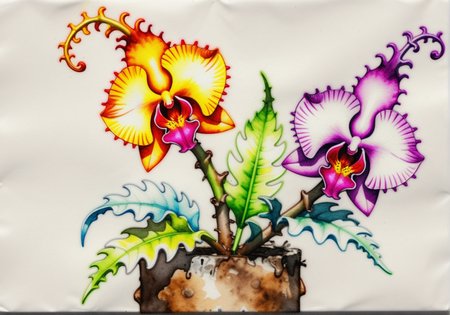 (epic:1.2), trending on artstation, (high quality:1.2), (masterpiece:1.2), high details, incredibly absurdres, colorful), (crayon drawing:1.33), (watercolor painting:1.21), (parchment:1.27), (Bryan Lee O'Malley Style:1.31), (Stephen Hillenburg Style:1.24), (Kenkou Cross Style:1.29), (higher_angle:0.42) ,, (Plant/Flower:  Diminutive Orchid Woody-stemmed Jagged plant, Textured Texture (e.g., textured stem) Cartilaginous Woody Stem, Flaky, Palmately-cleft Heart-shaped leaf, Diagonal Venation, Basal-rosette, Dentate Leaf Margin,  Pale Silique fruit, Rugged,  Lateral root ) ,  , (color scheme:(neon palette:1.27))