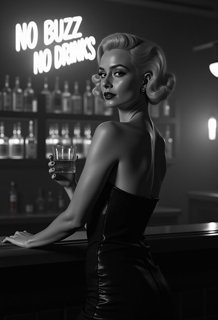 Film noir style, black & White, high contrast, greyscale:2.5, 1940s film noir detective movie, shot on film, film noir detective movie, 
((best quality)), ((masterpiece)), (detailed), film noir butterfly lighting, 
Female, beautiful woman, platinum blonde hair in 1940s pinup style, full pouty lips, lips parted, busty, hourglass figure:0.7, slinky strapless and sleeveless dress, super sexy sequin dress, standing at a bar in a cocktail lounge, Smokey background, neon Sign says “NO BUZZ NO DRINKS”:2.5, highly detailed skin, looking at the viewer,  holding a glass of whiskey, background of a bar, backlit bottles of upscale alcohol on shelves behind bar, no watermark signature, closed mouth, insanely detailed, ((masterpiece)), HDR, key visual, vibrant, studio quality, highly detailed,close portrait,
beautiful,attractive,handsome,trending on ArtStation,DeviantArt contest winner,CGSociety,ultrafine,detailed,studio lighting . Monochrome, high contrast, dramatic shadows, 1940s style, mysterious, cinematic