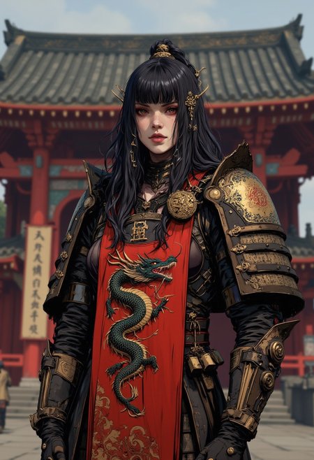 in the style of cksc,, in the style of ckcr, image of Japanese warrior woman, long hair, bangs, plated steel armour, a red tabard featureing a black and gold eastern dragon motif, samurai helmet, standing in front of an eastern shrine