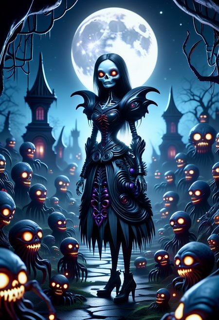 hyper detailed masterpiece, dynamic realistic digital art, awesome quality,DonMX3n0XL,moonlit graveyard, nightmarish, haunted dolls, full moon,zombie ambiance lighting, creepy doll art, organic  xeno biology , eerie glow <lora:DonMX3n0XL-000008:0.8>