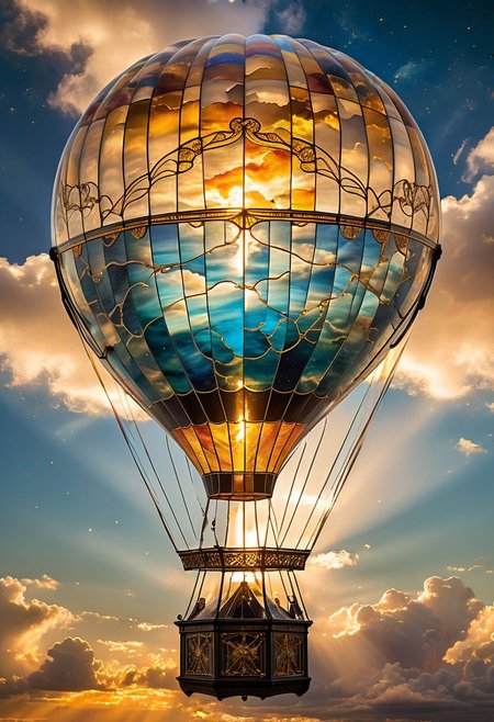 colossal stained glass hot air balloon, intricate design, vibrant celestial map, constellations reflected on clouds, sunbeams piercing stained glass, ethereal atmosphere, wispy clouds, soft golden light