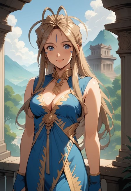 score_9, score_8_up, score_7_up, score_6_up, masterpiece, ultra detailed, best quality, source_anime, BREAK, 1girl, smile, closed mouth, Belldandy, blue dress with a golden trim, blue fingerless gloves, jewelry, cleavage, sleeveless dress, earrings, ancient temple, fantasy setting, mountains, outdoors, marble pillars, day, forest, cowboy shot, delicate features