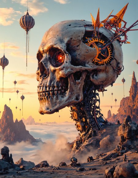 A hyper-detailed, futuristic biomechanical skull emerges from an ethereal, dreamlike landscape, meticulously constructed from interwoven gears, rotating cogs, and complex mechanical systems, seamlessly fusing with sharp crystalline peaks and floating geometric structures. The skull's intricate framework glows with warm amber and metallic hues, reflecting the surreal light of a sky transitioning between soft sunset gradients and deep cosmic blues. The background is populated with hanging polyhedral shapes, delicate spheres, and floating industrial elements suspended from near-invisible threads, as if part of an unseen cosmic machine. The ground is covered in a jagged terrain of abstract crystalline formations, with mist-like clouds weaving through the surreal mechanical dreamscape. This visually intricate masterpiece evokes a fusion of industrial steampunk and futuristic surrealism, presenting a world where organic decay is replaced by perpetual motion and celestial mechanics.
 <lora:aidmaHyperrealism-FLUX-v0.3:0.6> <lora:FluxDFaeTasticDetails:0.25> <lora:fechin-FLUX:0.75>