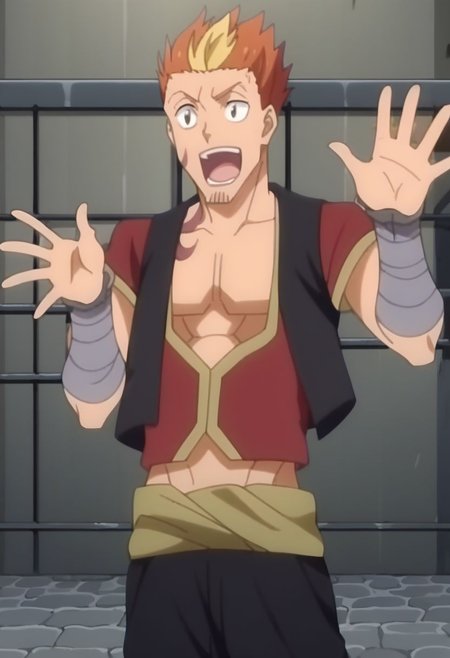 score_9, score_8_up, score_7_up, source_anime, rating_safe, anime screencap, 1boy, Pauleus, original style, waving hand, open mouth, hand with five fingers, behind bars, at a prison cell,