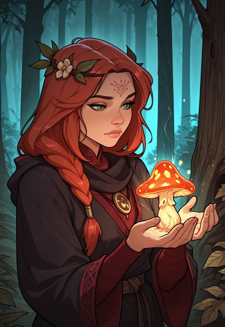 score_9, score_8_up, score_7_up, 1girl, solo, mystical druid, flowing robes with nature-inspired patterns and earthy tones, ancient wooden staff with carved runes and a glowing crystal at the top, long braided auburn hair adorned with flowers and leaves, realistic, cinematic angle, cinematic lighting, graceful body, wise face, deep green eyes, meditative pose
BREAK
standing in a sacred grove surrounded by ancient trees
BREAK
source_fantasy_art, rating_explicit, expressive, full body, elegant pose
BREAK
detailed beautiful background, enchanted forest with towering ancient trees and lush undergrowth, glowing mushrooms and luminescent plants, mystical creatures such as fairies and woodland spirits, distant mountains with waterfalls, serene atmosphere with a sense of harmony and magic
<lora:Expressive_H:0.6>Expressiveh, (SimplepositiveXLv1:1.3), (upper body, full clothed:1.85) ((masterpiece)) (ultra realistic, 32k, masterpiece:1.2), (high detailed skin:1.1), (high quality:1.1) (((full clothed))) <lora:DandonFuga_Style_v.2_-_Pony:0.8> 
<lora:add-detail-xl:1> 
<lora:Dynamic Poses:1>