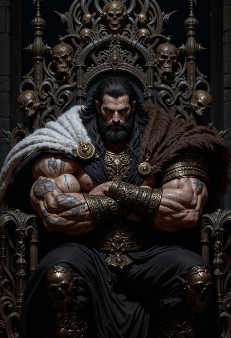 a muscular, bearded man with light skin sitting on a throne made of dark, twisted metal and skulls. He has long, dark hair and a stern expression, wearing a fur cloak and leather armor adorned with intricate patterns. His arms are crossed, showcasing his muscular build and tattoos. The background is dimly lit, enhancing the ominous atmosphere.
