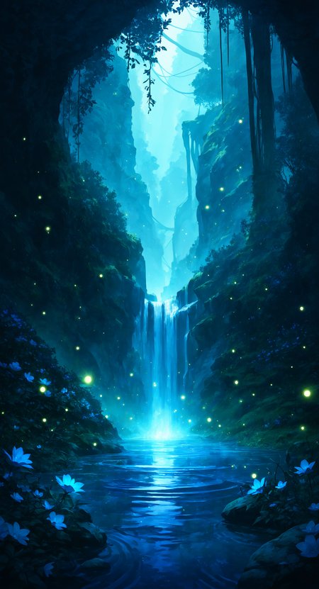 masterpiece, best quality, good quality, very aesthetic, absurdres, newest, flower, outdoors, water, tree, no_humans, leaf, grass, plant, scenery, nature, light_particles, blue_flower, reflection, forest, rock, vines, ripples, waterfall, landscape, lake, cliff, cave, reflective_water, fireflies <lora:ponyv4_noob1_2_adamW-000017:0.7> <lora:USNR_STYLE_XL_lokr:0.45>