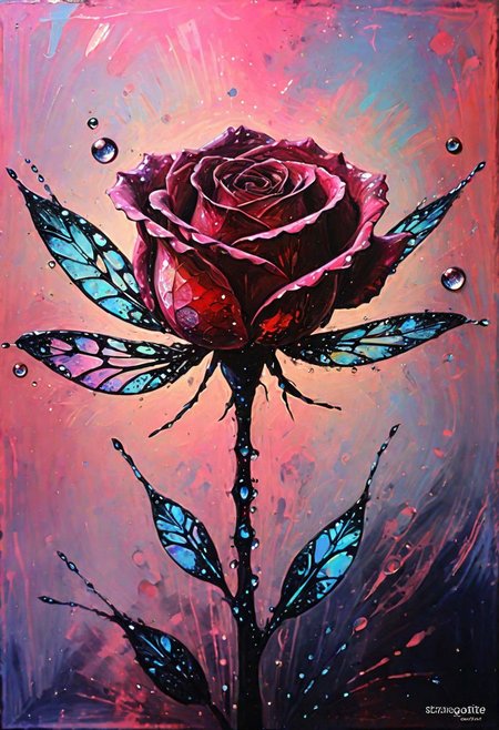 (Impressionism: 1.5), (abstract acrylic painting), macro photo, sparkling magical fantasy glass rose dewdrop, dragonfly on the rose, very detailed, amazing quality, intricate, cinematic light, highly detail, beautiful, surreal, dramatic, galaxy fantasy colors, realism, modern art, abstraction, absurdity, acrylic painting on canvas, (silhouette in strokes: 1.6)