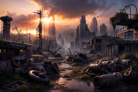 RAW panoramic photo of  wasteland(masterpiece:1.2), (best quality,:1.2), 8k, HDR, ultra detailed, ((photorealistic)), professional light, cinematic lighting, ambient lighting, atmospheric effects, dilapidated ruins, overgrown, dirty, water, rubble, city,  night,  epiCPhoto <lora:Wasteland:.8> <lora:MetalRustyWorld:.4> <lora:more_details:.5> Clutter-Mechanical
