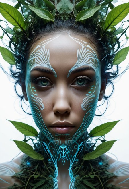 bioluminescent, mysterious face of an exotic girl in plant clothing, fading white background, alluring goddess, by Minjae Lee, Carne Griffiths, Emily Kell, Steve McCurry, Geoffroy Thoorens, Aaron Horkey, Jordan Grimmer, Greg Rutkowski, amazing depth, double exposure, surreal, geometric patterns, intricately detailed, bokeh,  perfect balanced, deep fine borders, artistic photorealism , smooth,  great masterwork by Suiras  <lora:add-detail-xl:2>  <lora:Double_Exposure:0.5>