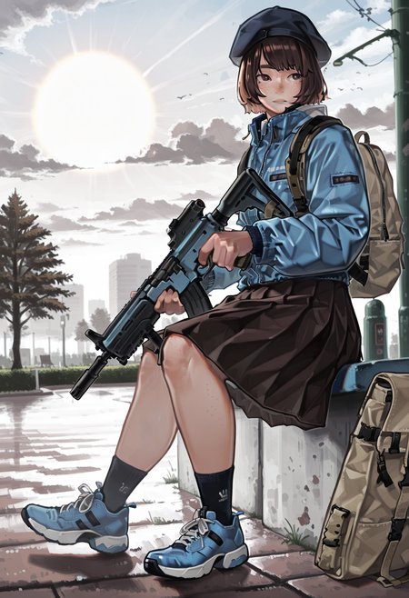 1girl, lean body, freckles, dark brown hair, dark brown eyes, short hair,
gun, weapon, sitting, shoes, jacket, bag, socks, backpack, sneakers, blue footwear, holding gun, holding, school uniform, hat, assault rifle, rifle, holding weapon, skirt,
park, sun, clouds, four fingers, one thumb,
<lora:K_o465-_styleIL:1>, ko465style,  masterpiece,best quality,amazing quality,