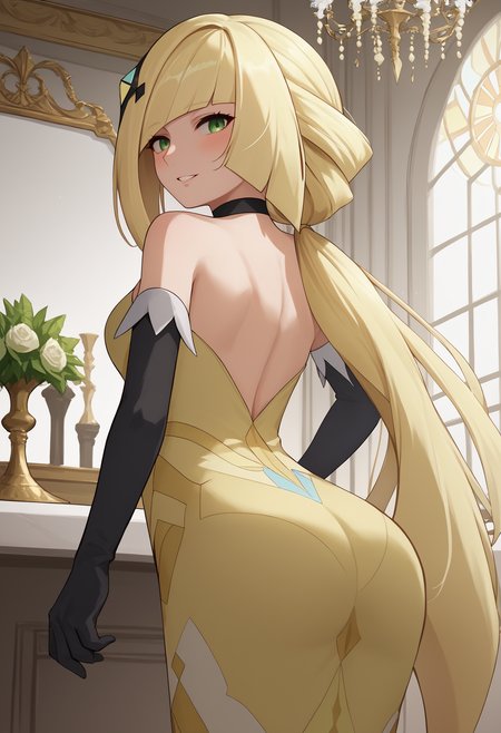 score_9, score_8_up, score_7_up, source_anime BREAK 1girl, solo, <lora:lusamine-pokemon-richy-v1_pdxl:1> lsmnsyg, green eyes, blonde hair, very long hair, ponytail, hair ornament, bangs, black choker, yellow dress, halterneck, black gloves, elbow gloves, standing, from behind, ass, looking at viewer, looking back, parted lips, blush, indoors, chandelier, smile