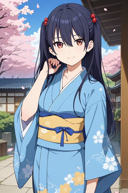 score_9,score_8_up,score_7_up,source_anime,
1girl,<lora:IchigyouRuri:0.9>,ichigyou ruri,long hair,brown eyes,black hair,hair between eyes,two side up,
<lora:furisode_Pony_V1.0:1>,jyojifuku,furisode,kimono,hair ornament,floral print,wide sleeves,blue kimono,
day,cherry blossoms,falling petals,outdoors,yard,
looking_at_viewer,closed mouth,smile,standing,hands on the hair,upper_body,