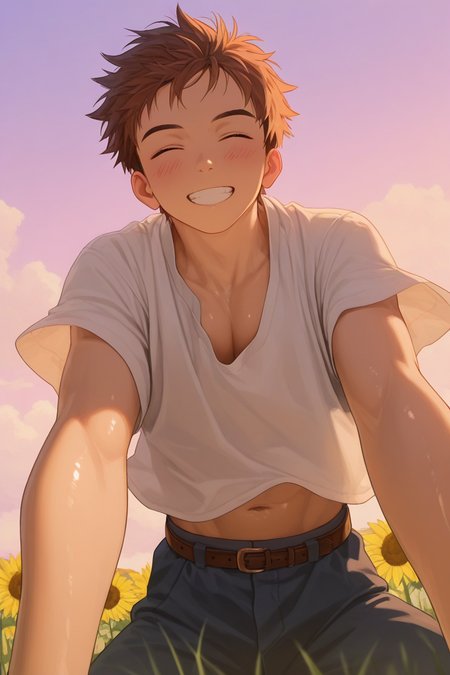 realistic shading, golden hour lighting, spring theme, on top of viewer focus, legs apart, male focus, leaning forward, looking at viewer, cute expressive face, naotafc, brown_naotafc_male hair, closed eyes, grin, wide smile, teeth, blushing, manly, 1boy, outstretched arms, oversized arms, navel, spring clothes, shirt, belt, pectoral cleavage, shiny skin, windy, floating clothes, outdoors, cloud, purple-pink gradient sky, sunflower, grass, from below, dutch angle, dynamic angle, bottompov, intricately detailed illustration, depth of field, atmospheric perspective, masterpiece, best quality, amazing quality, very aesthetic, absurdres, newest, anime screencap