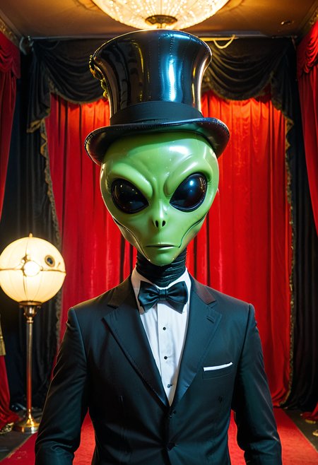 shnywrld, inflatable, scifi, colorful, luminous, a green shnywrld alien, yellow spots, wide black eyes, almond shaped, wearing a top hat and tuxedo, rose in its mouth, on stage, directional lighting, red theater curtain background, masterpiece, amazing quality, best quality, very aesthetic, absurdres, detailed background, low angle.  <lora:shinyworld:.8>  <lora:zavy-cntrst-sdxl:.8> dark, chiaroscuro, low-key <lora:xl_more_art-full_v1:.8>