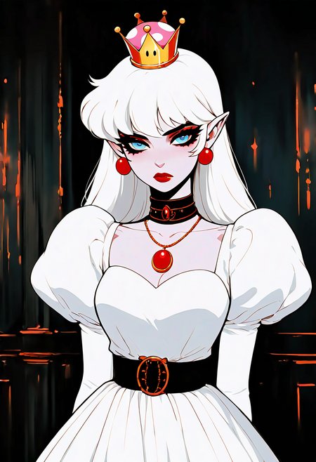 (masterpiece, best quality, good quality, very aesthetic, absurdres),    1girl, solo, eyelashes, (beautiful eyes),   1girl, solo, long hair, breasts, looking at viewer, bangs, blue eyes, long sleeves, jewelry, closed mouth, upper body, white hair, earrings, choker, pointy ears, puffy sleeves, belt, necklace, collar, colored skin, lipstick, juliet sleeves, elf, wall, long hair, looking at viewer, blue eyes, long sleeves, closed mouth, upper body, white hair, pointy ears, puffy sleeves, colored skin, red lips , Boosette_Mario,  1girl,  long hair,  white hair,  long white dress,  ballroom dress,  white gloves, <lora:GothRetroNAI:0.8>,  <lora:Boosette_Mario_SDXL:1.0>,