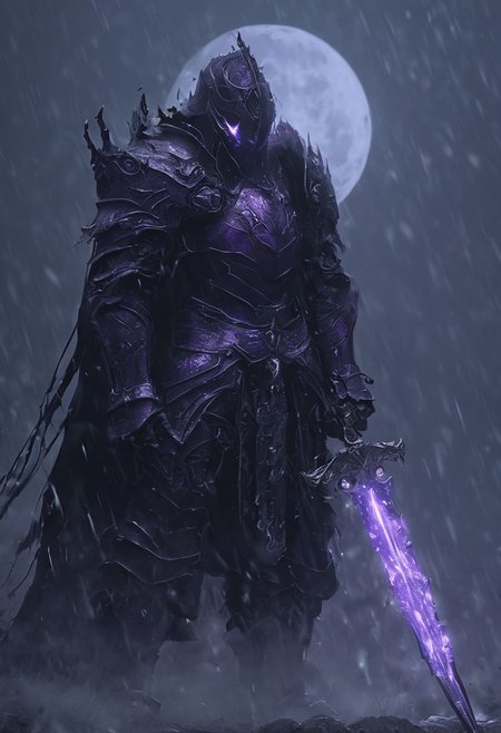 half mask covering mouth, long black hair, glowing purple eyes, purple glowing plate armor, fantasy, dark souls, 4k quality, high resolution, dark scenery, holding glowing rune sword, holding skull shield in left hand, glowing black eyes, fog, realistic, raining, HKStyle, full body, walking, full moon behind