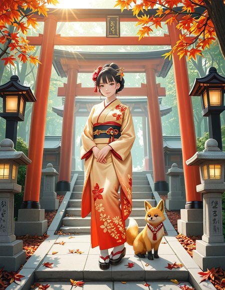looking at viewer,A graceful Japanese woman standing in front of a traditional Inari shrine, wearing an elegant mauve kimono adorned with intricate floral patterns. Her dark hair is styled in a classic updo, decorated with delicate kanzashi hair ornaments. She has a serene and contemplative expression as she gazes towards the shrine. The scene is set in the late afternoon, with soft golden sunlight filtering through the vibrant red torii gates that create a tunnel leading to the shrine. The ground is covered with autumn leaves in warm shades of red, orange, and yellow. Stone fox statues, draped with sacred red bibs, guard the entrance, adding to the shrine's mystical aura. Traditional stone lanterns emit a soft, warm glow, enhancing the spiritual and tranquil ambiance. The background features lush greenery, contrasting with the shrineâs vivid vermillion hues. The image is in a photorealistic style, with high dynamic range lighting, capturing every intricate detail from the fabricâs texture to the play of light and shadows, evoking a sense of peace and tradition.
<lora:SDXLFaeTastic2400:0.4> <lora:extremely_detailed:0.4> extremely detailed, <lora:Inari_shr1n3:1>,Inari shr1n3, Masterpiece,best quality,hi res,8k,hi res,8k,award winning,(sharp focus, intricate, highly detailed),