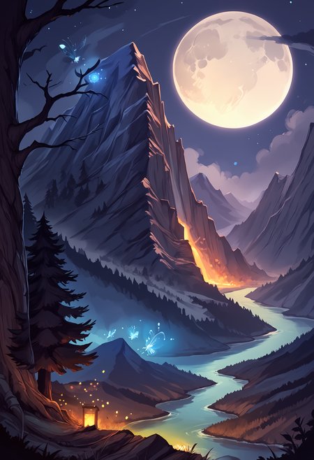 score_9, score_8_up, score_7_up,soft shadows, (night:1.4), darkness, moonlight BREAK
no humans, scenery, beautiful landscape, river, huge tree, lonely tree, giant mountains, night, fireflies, (glowing:1.1), magic, magic particles, (spell:1.1), full moon